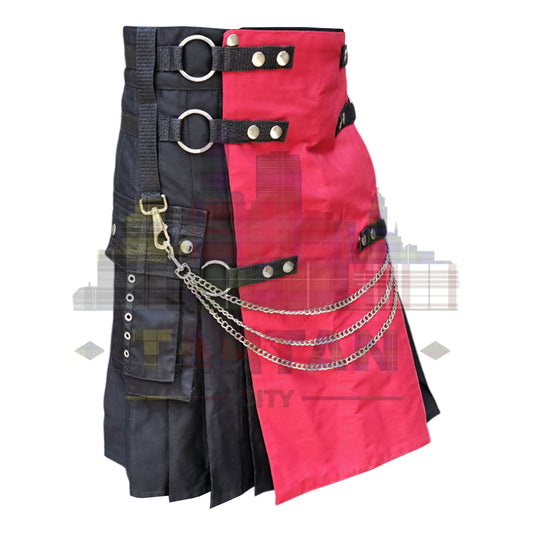 Contemporary red and black utility kilt for men with adjustable waist straps and side pockets