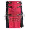 Tactical red utility kilt for men with metal chains, D-rings, and rugged belt closures