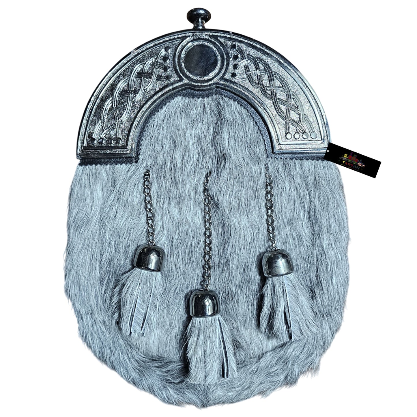 Scottish Grey Fur Dress Sporran with Chrome Celtic Cantle – Classic Highland Kilt Accessory