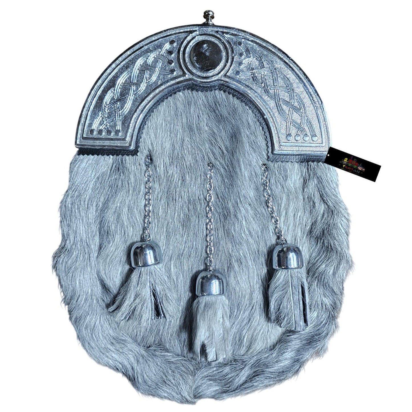 Grey Fur Dress Sporran with Chrome Celtic Knot Cantle – Elegant Highland Kilt Accessory