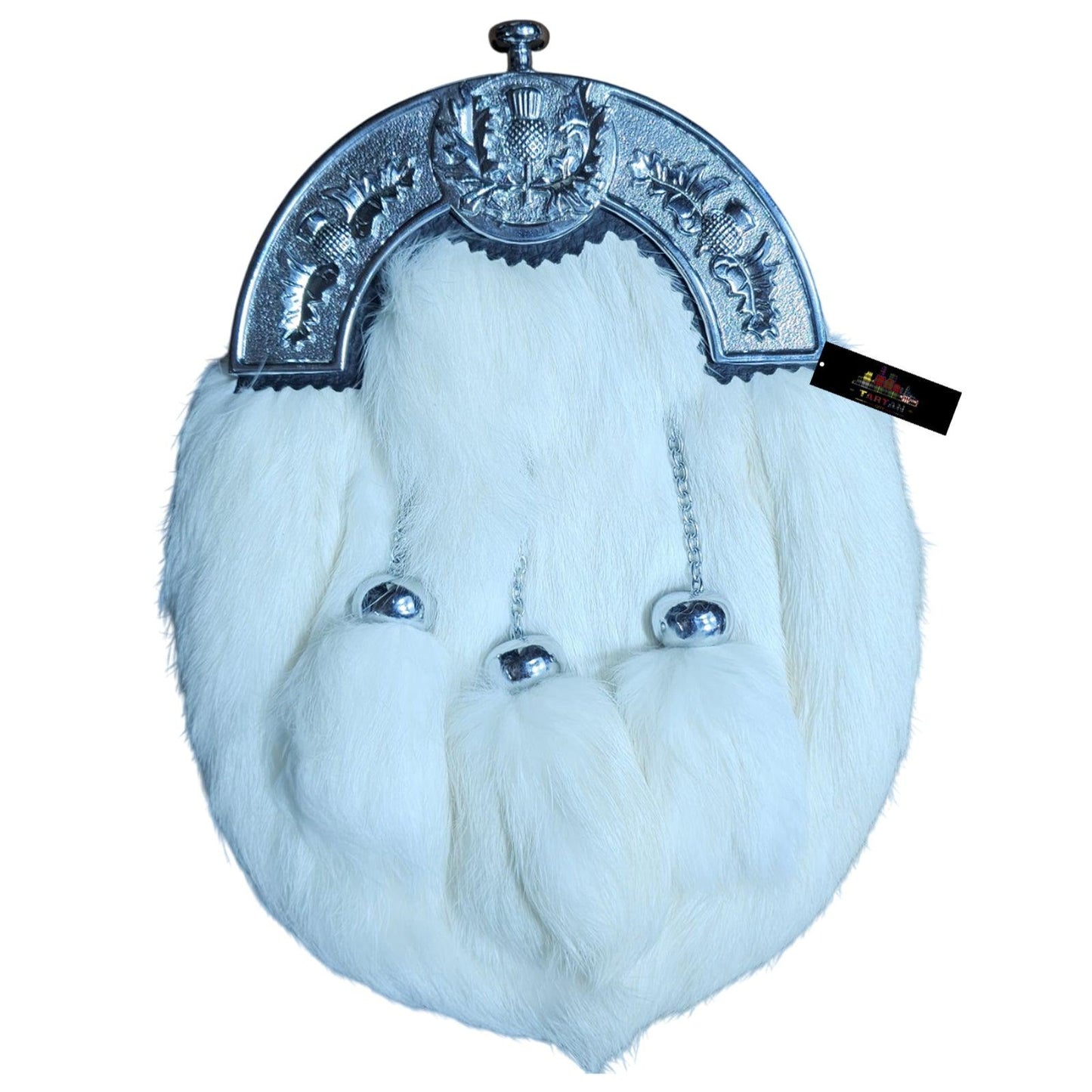 White Rabbit Fur Dress Sporran – Premium Formal Kilt Accessory with Celtic Chrome Cantle