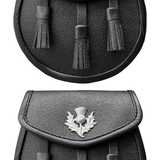 Genuine Leather Thistle Sporran In Black Color