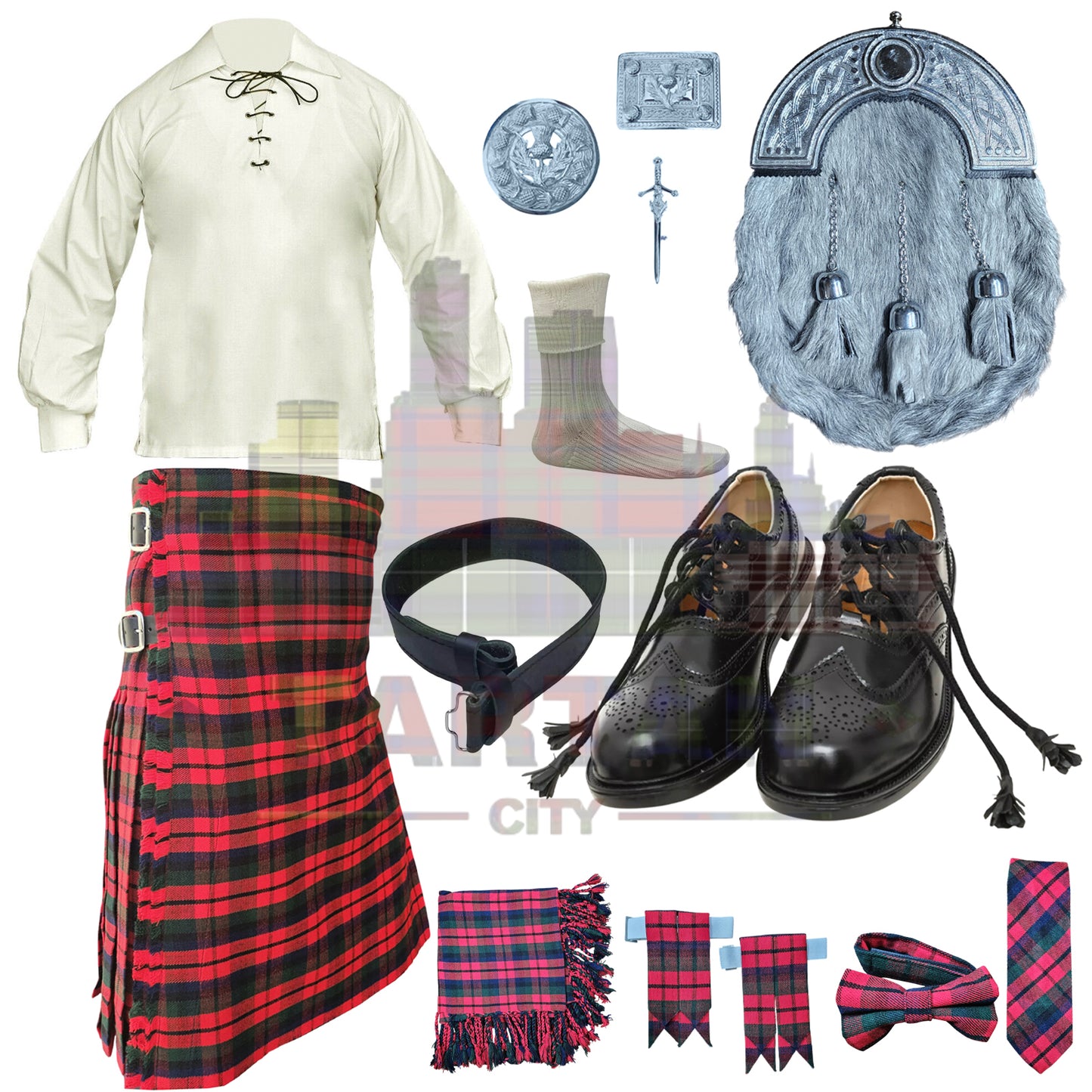 Robertson Red Tartan Outfit Set – Complete Scottish Kilt Dress for Men with Accessories