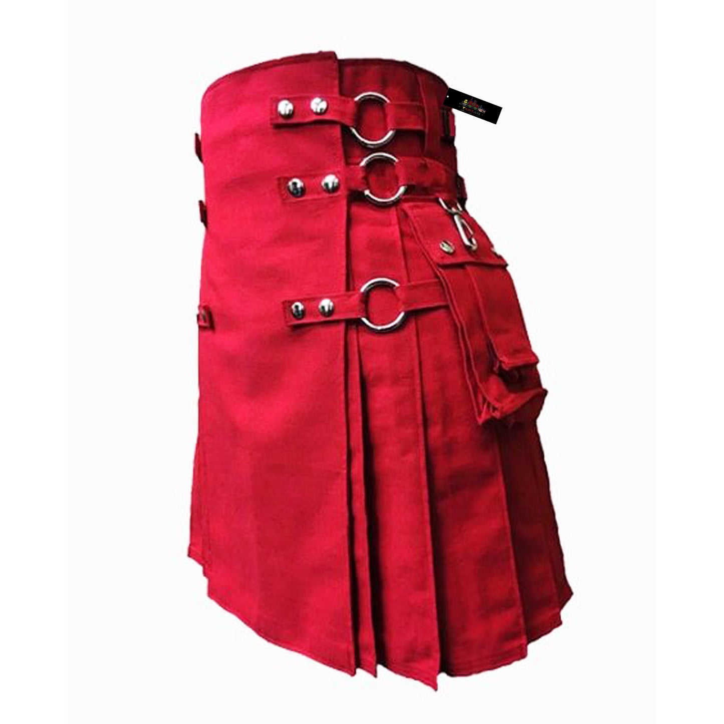 Rugged Men’s Utility Kilt – Bold Red with Cargo Pockets & Chains