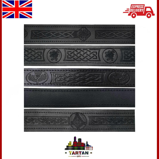 " TC en Relief Cuir Noir Ceinture Kilt - Celtique/Chardon/Maçonnique "