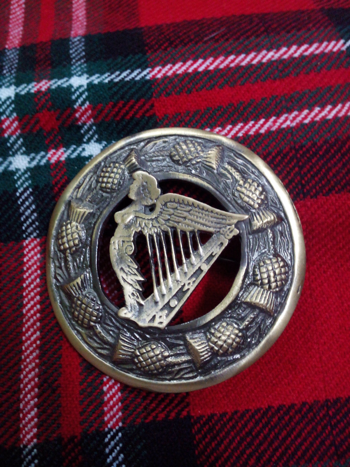 TC Irish Harp Fly Plaid Brooch Antique Finish 3"/Kilt Celtic