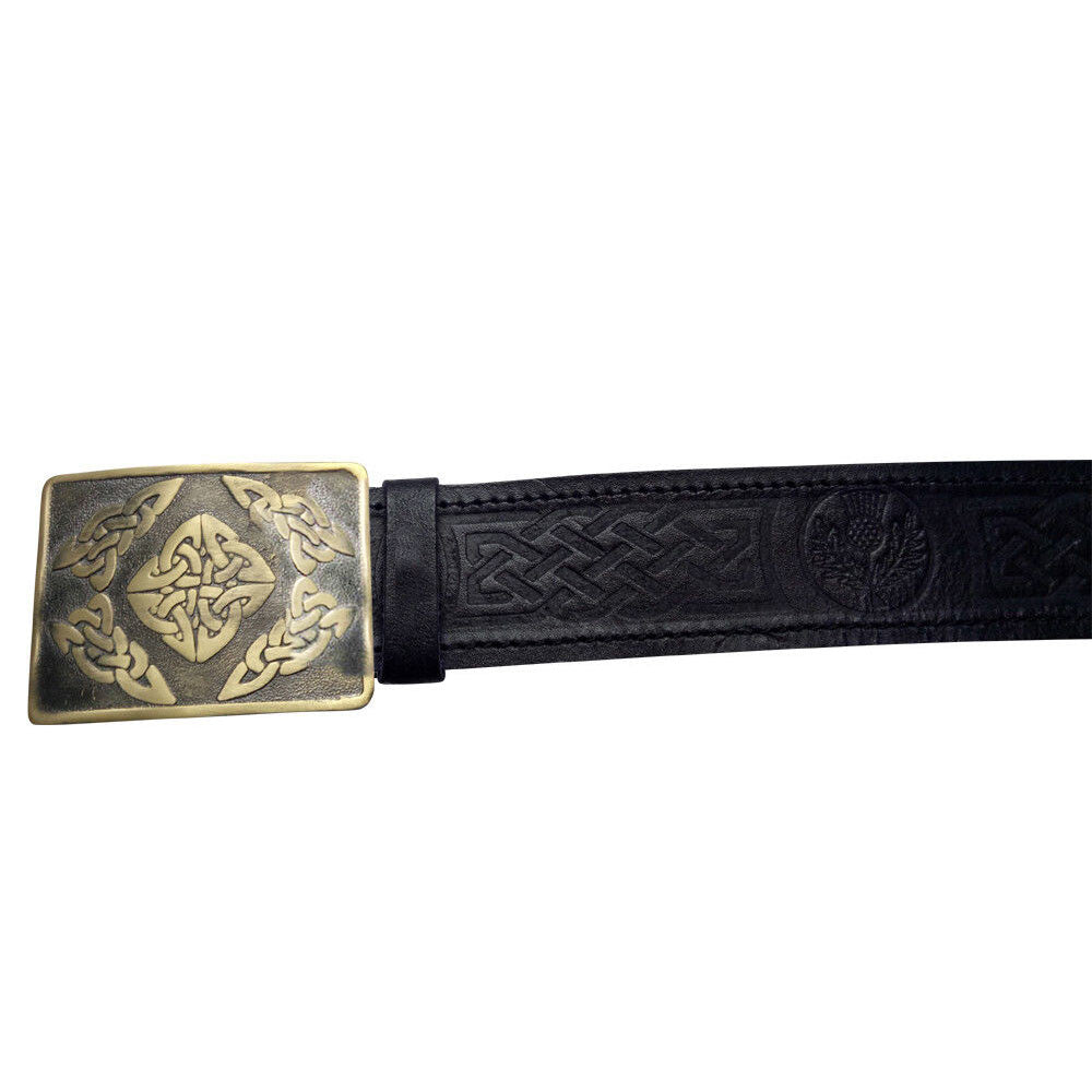 TC 100% Real Black Leather Kilt Belt Thistle Embossed Swirl Celtic Kilts Buckle