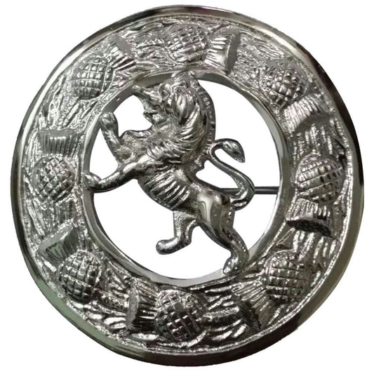KILT FLY PLAID BROOCH LION RAMPANT THISTLE BORDER CHROME FINISH/SCOTTISH LION