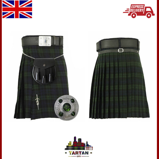 Black Watch Tartan Men’s Kilt Outfit Set with Fly Plaid, Sporran & Belt