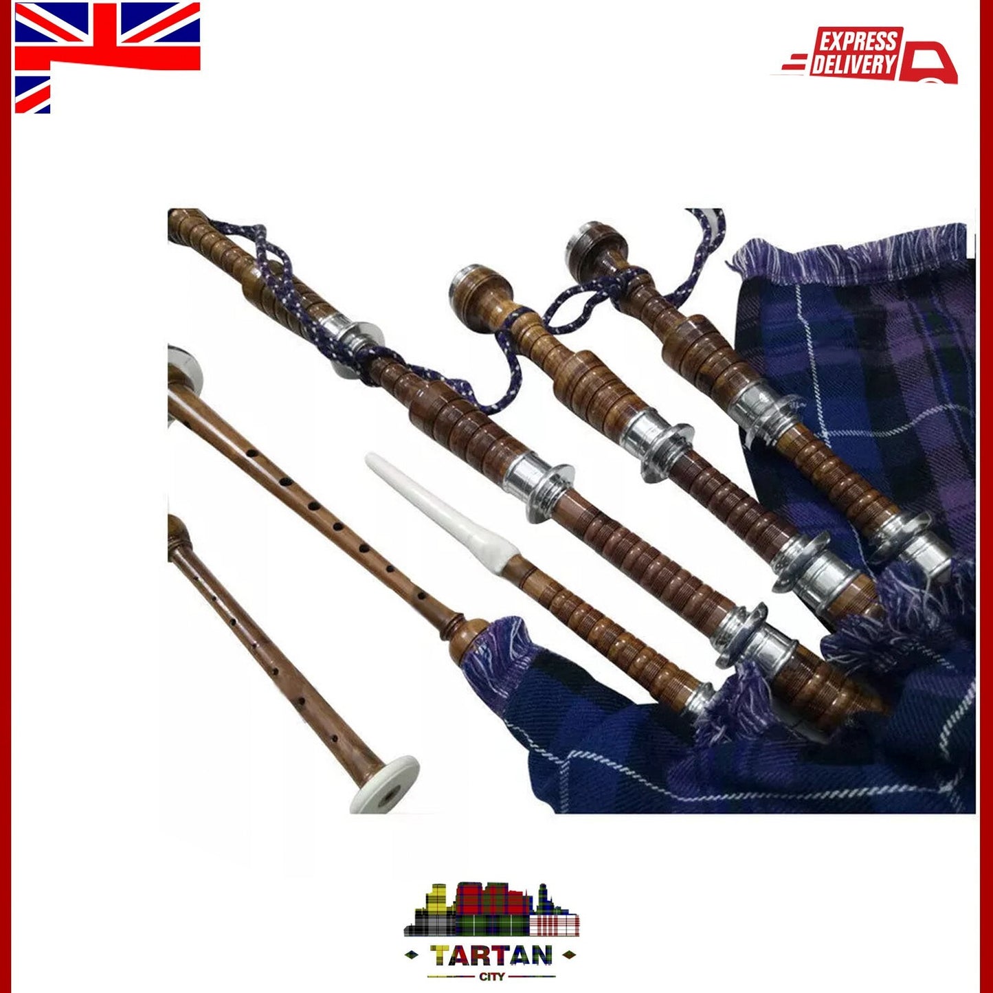 Tartancity Rosewood Bagpipe with Silver Mounts - Pride of Scotland Tartan Design