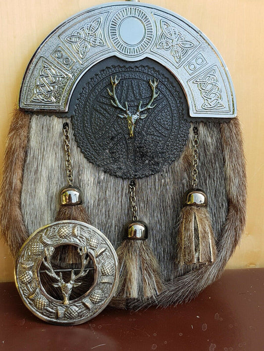 New Full Dress Kilt Sporran Formal Seal Skin Celtic Cantle Antique Stag Head-Tc