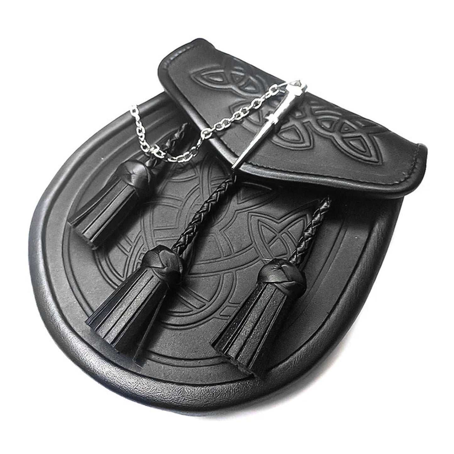 Tartancity Celtic Black Leather Kilt Sporran with Latch Pin, Belt & Chain
