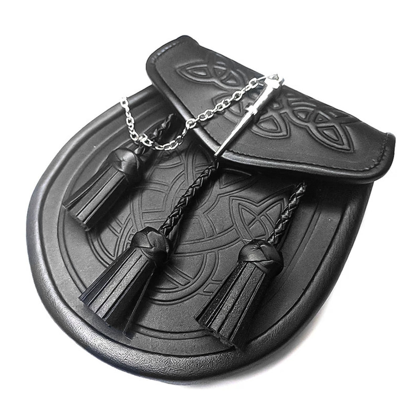 Tartancity Celtic Black Leather Kilt Sporran with Latch Pin, Belt & Chain