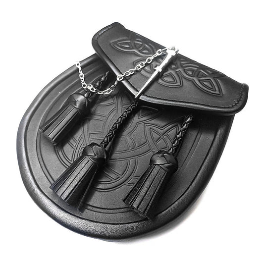 Tartancity Celtic Black Leather Kilt Sporran with Latch Pin, Belt & Chain