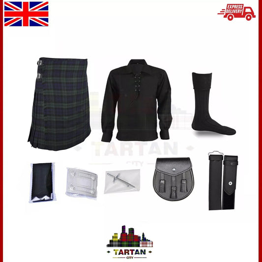 TC Men’s Complete Scottish Kilt Outfit – 9 Pieces, Black Watch Tartan (7.3M), Sp