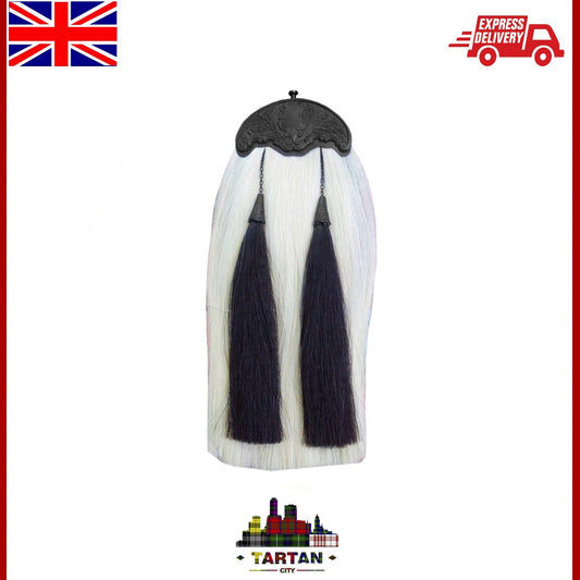 Celtic-Inspired Kilt Sporran - Jet Black Finish with White Horse Hair Accent