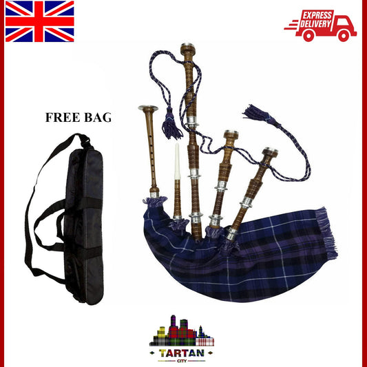Scottish Highland Bagpipe - Natural Rosewood Silver Mounts Tartan Cover Free Bag
