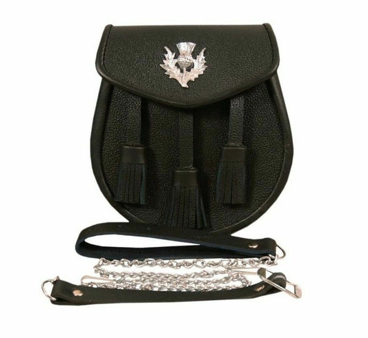 3 TASSELS&THISTLE SCOTTISH KILT SPORRAN REAL BLACK LEATHER + BELT 01-TC