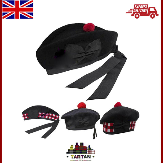 Scottish Highland Plain Glengarry Cap with Hat Badges Chrome Balmoral cap badges