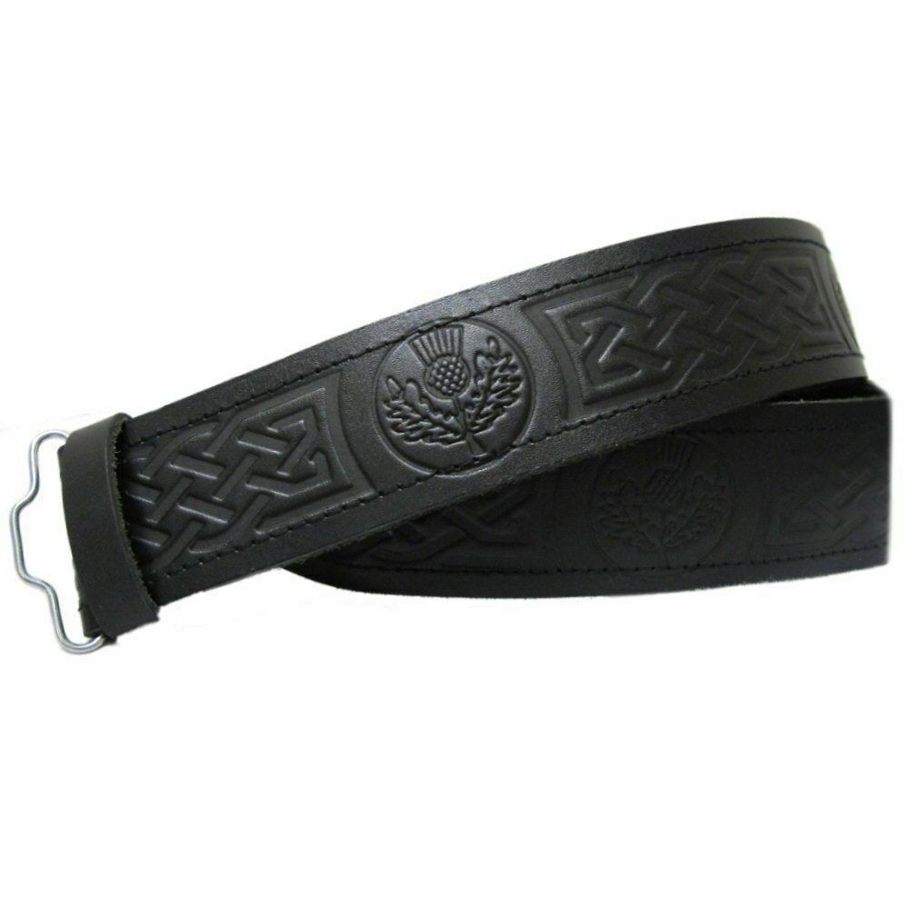 Embossed Kilt Belt Black Leather Various Design Celtic Thistle Masonic-TC