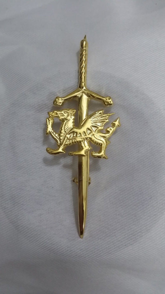 TC Celtic Welsh Dragon Kilt Pin Gold Plated 4"/kilt pin Sword welsh Dragon