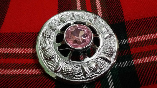 TC Celtic Fly Plaid Brooch Chrome Finish Pink Stone 3"/Scottish Thistle Brooches