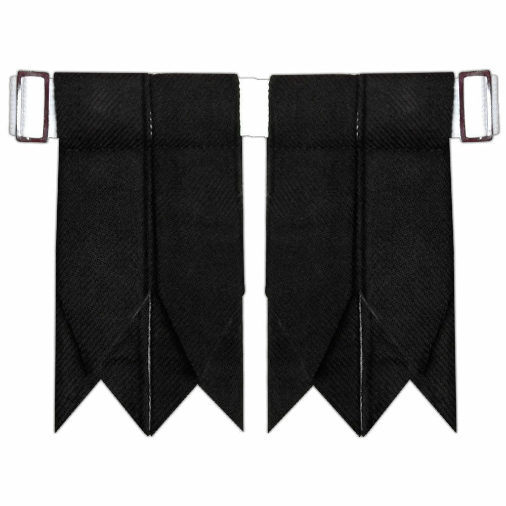 Solid Plain Black Tartan Kilt Flashes with Heavy Buckle/Kilt Hose Sock Flashes
