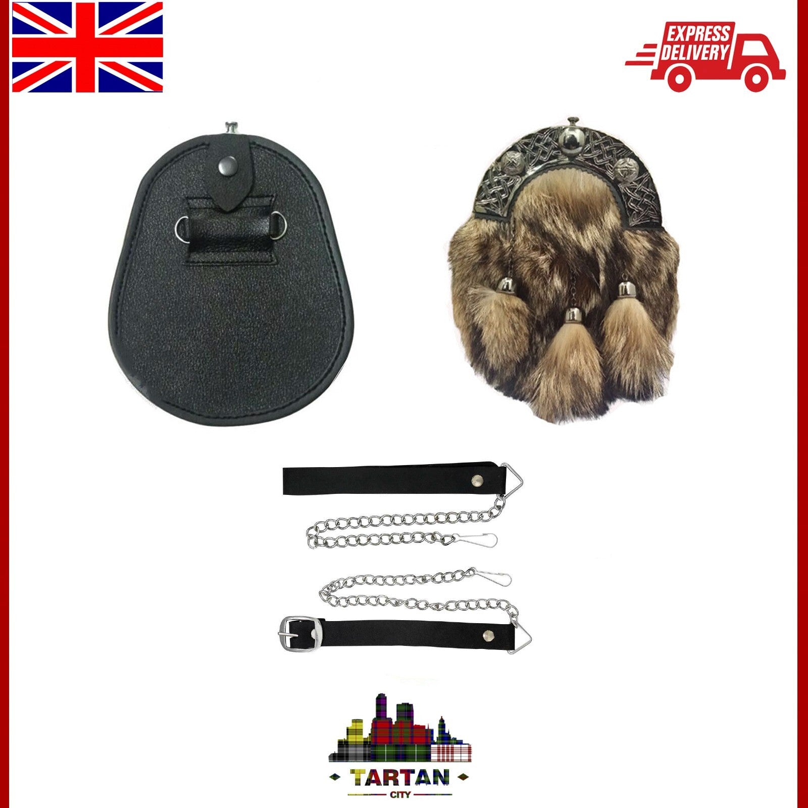 Full Dress TC Scottish Kilt Sporran - Celtic Cantle, Chrome Finish & Fur
