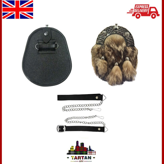 Full Dress TC Scottish Kilt Sporran - Celtic Cantle, Chrome Finish & Fur
