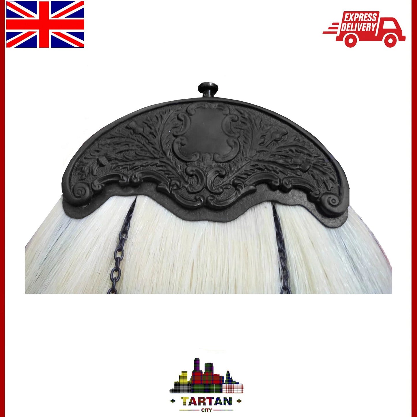 Celtic-Inspired Kilt Sporran - Jet Black Finish with White Horse Hair Accent