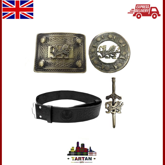 Complete Scottish Kilt Set TC Thistle Pin, Brooch, Leather Belt & Antique Buckle