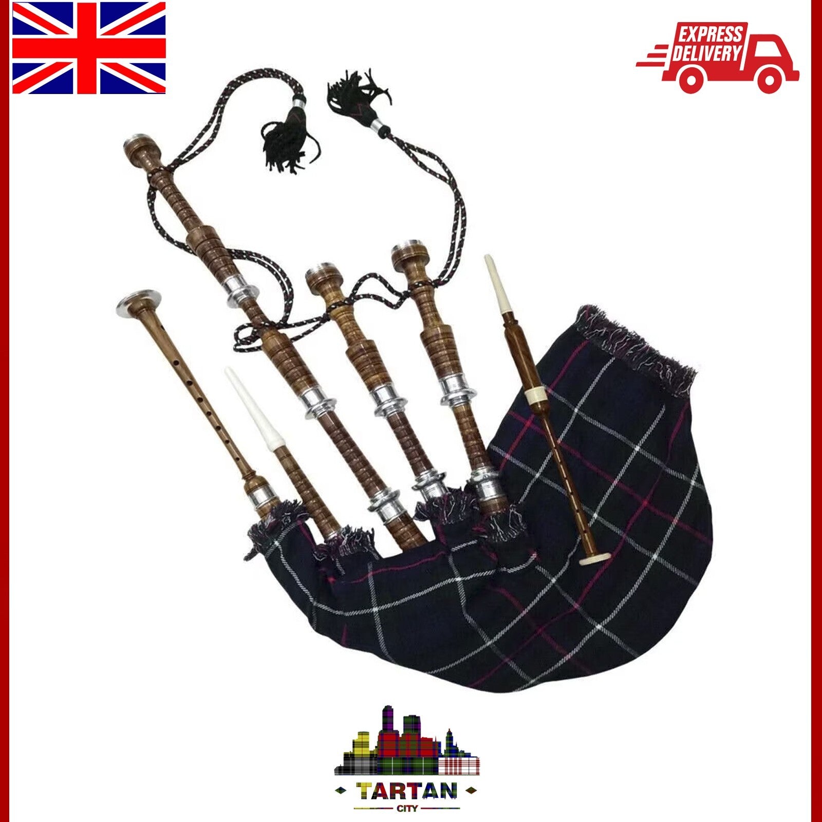 Authentic Scottish Great Highland Bagpipe - McKenzie Tartan & Hard Case Included