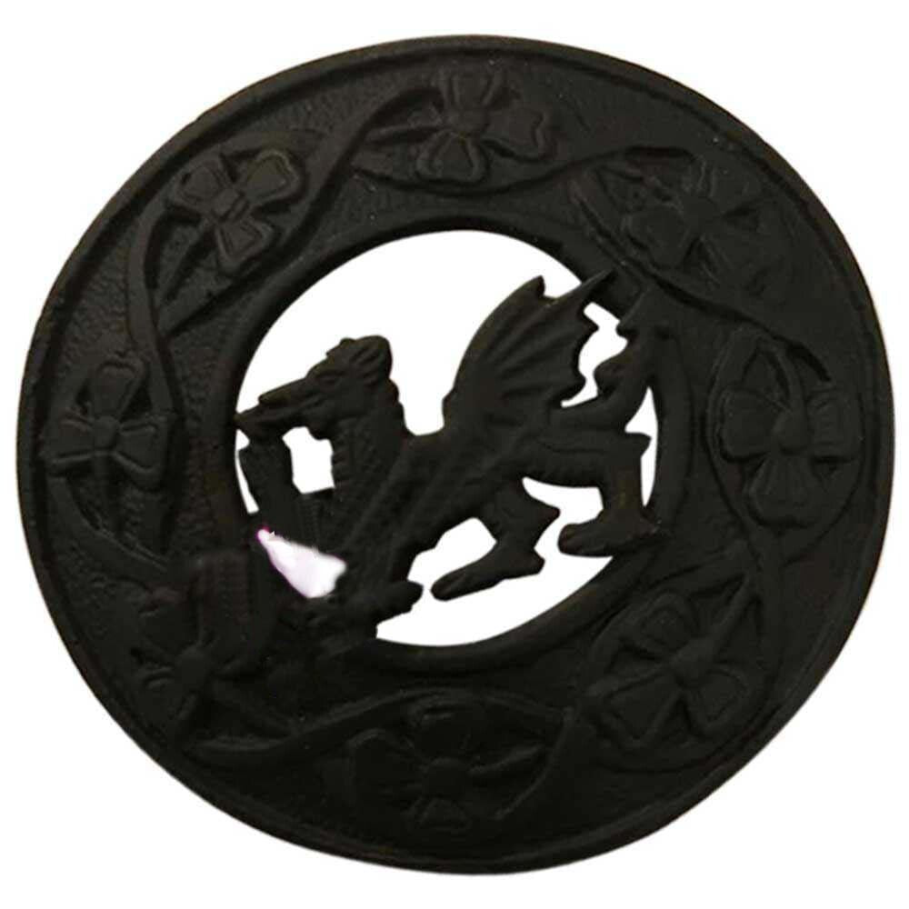 Scottish Welsh Dragon Kilt Fly Plaid Brooch Antique&Jet Black 3" (7cm)