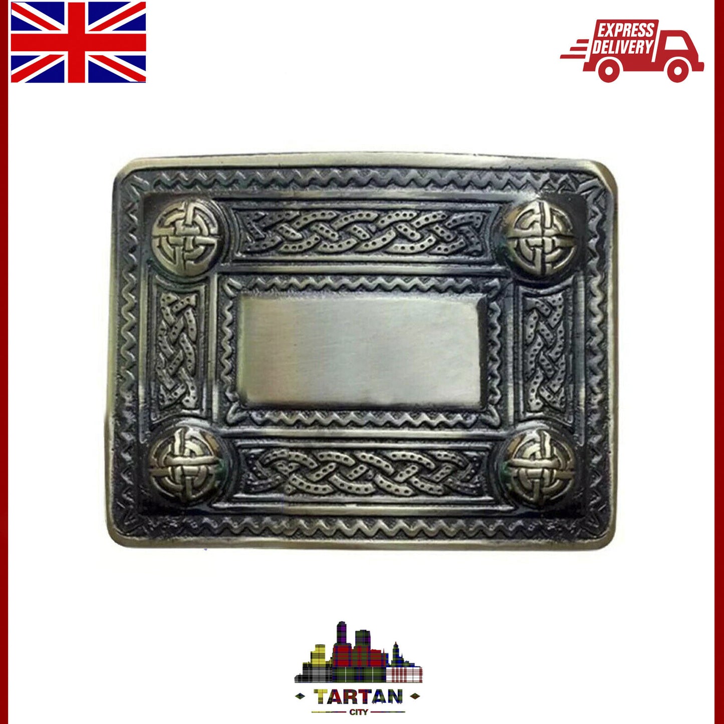 Scottish Kilt Buckle Belt by Tartancity – 4 Dome Mirror Design in Antique/Chrome