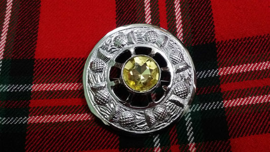 TC Celtic Fly Plaid Brooch Chrome Finish Yellow Stone 3"/Thistle Brooches Pin