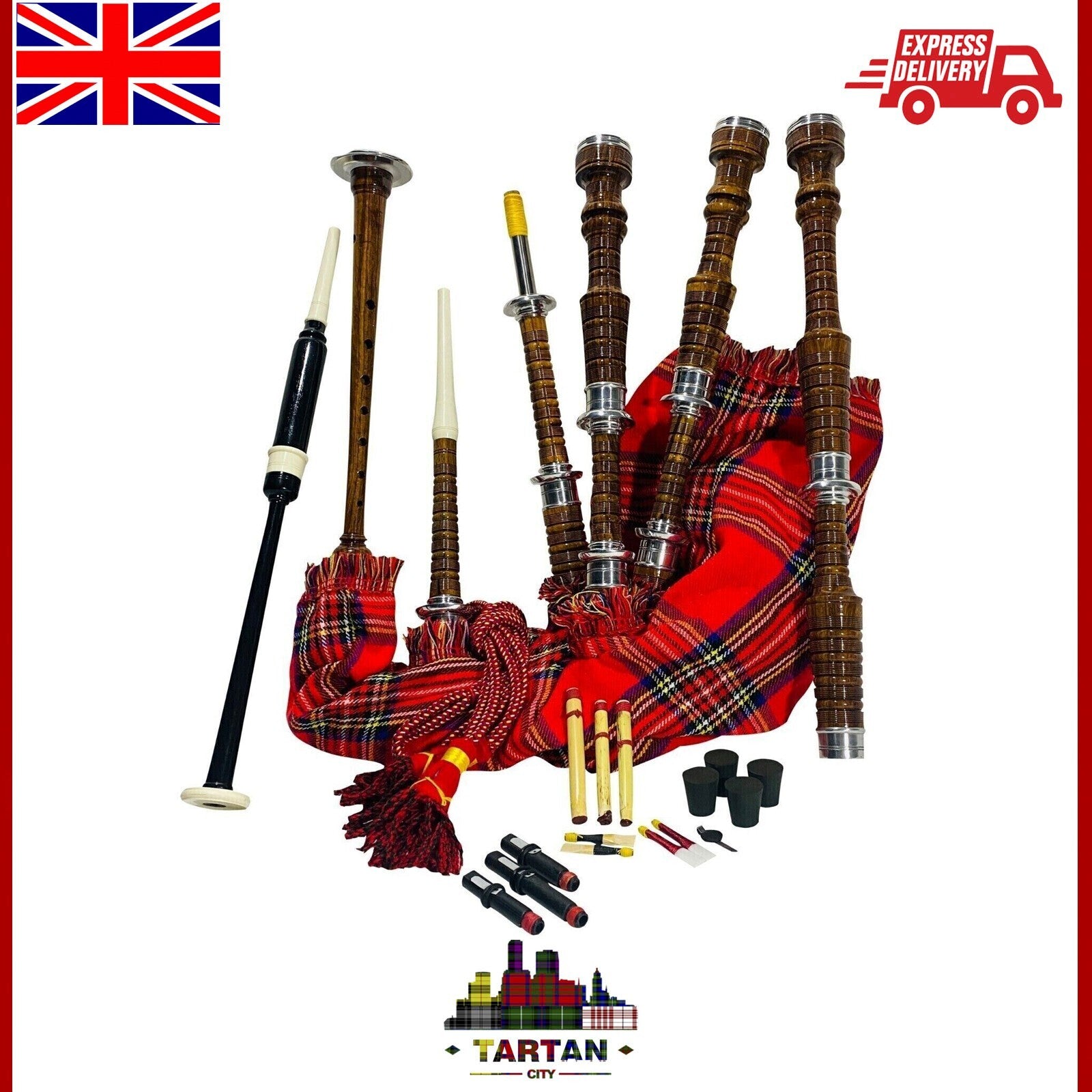 Tartancity Highland Bagpipe - Rosewood, Royal Stewart Cover + Free Bag Included