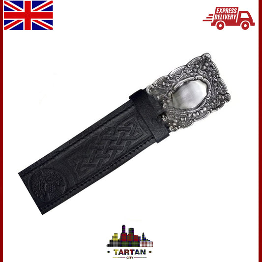 "Thistle Embossed Black Leather Kilt Belt with Piper Buckle - New"