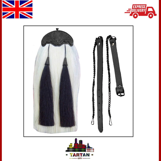 Celtic-Inspired Kilt Sporran - Jet Black Finish with White Horse Hair Accent