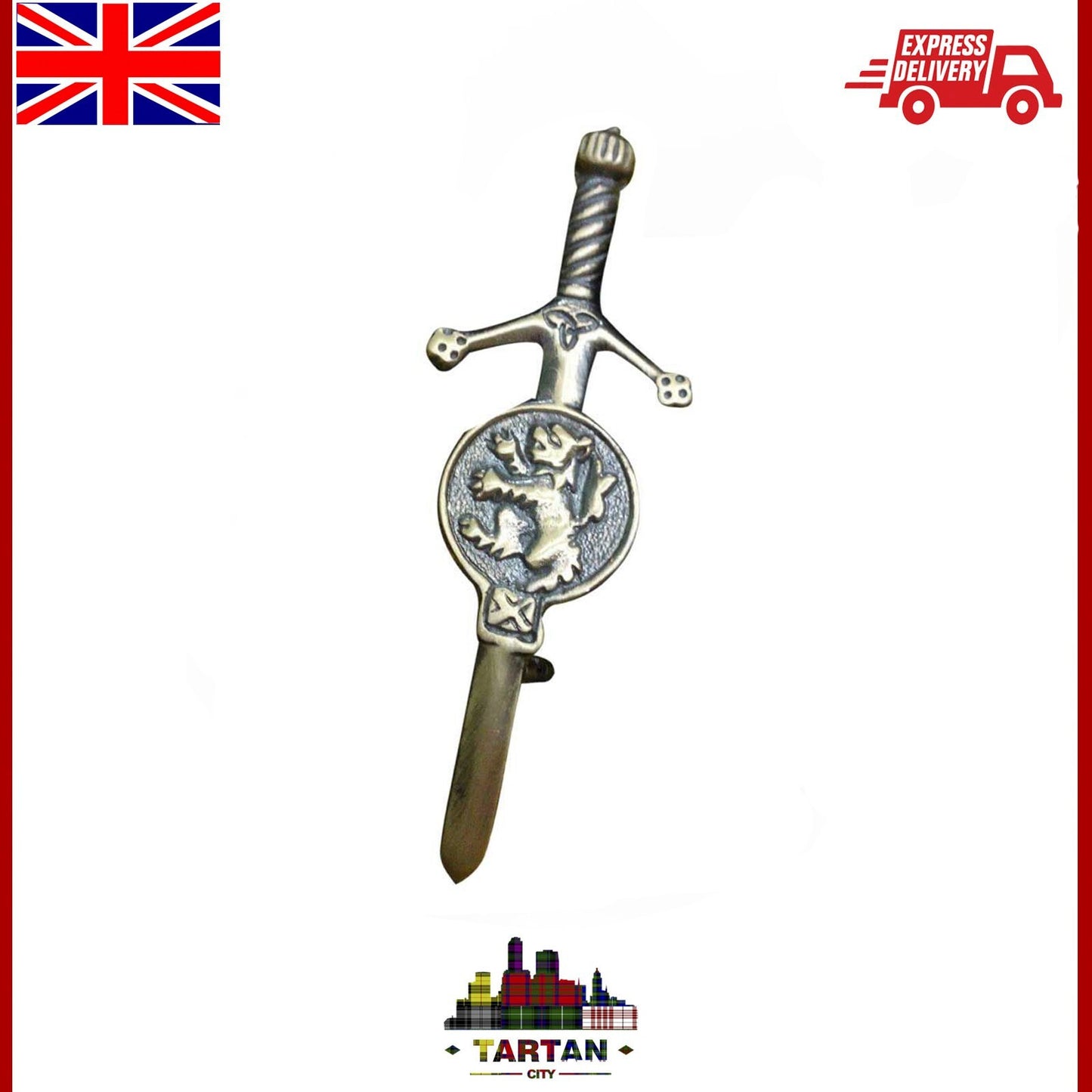 Antique Finish Lion Rampant Kilt Pin - Celtic Sword Design 3.5" by Tartancity