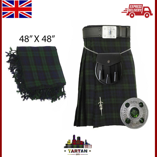 Black Watch Tartan Men’s Kilt Outfit Set with Fly Plaid, Sporran & Belt