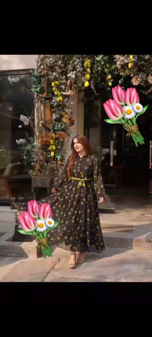 New Ladies Long Green Leaf Floral Printed Frock Fabric Chaffon inner attached