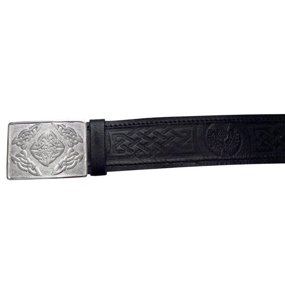 TC 100% Real Black Leather Kilt Belt Thistle Embossed Swirl Celtic Kilts Buckle