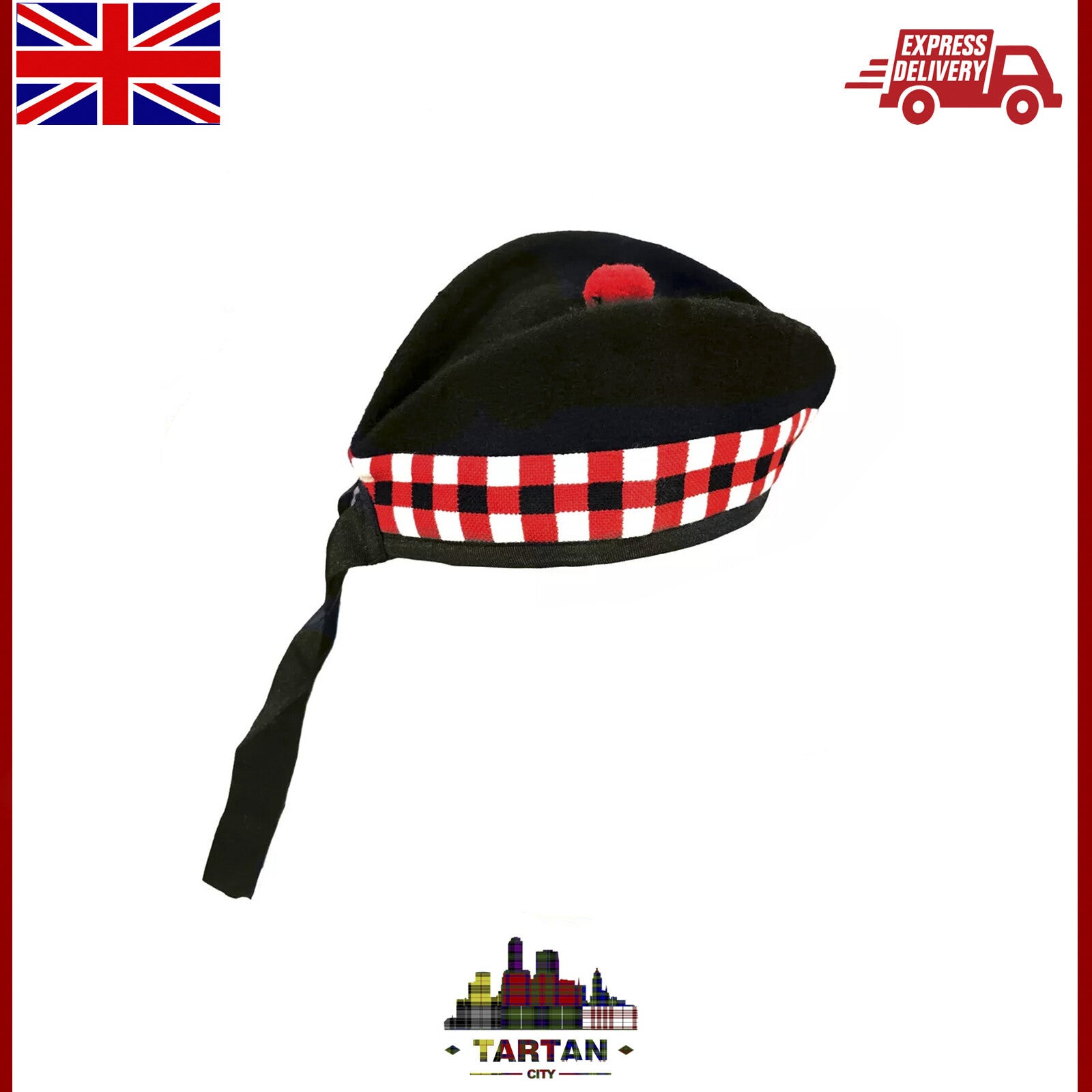 Authentic Black TC Glengarry Hat – 100% Pure Wool, Triple Diced Scottish Piper