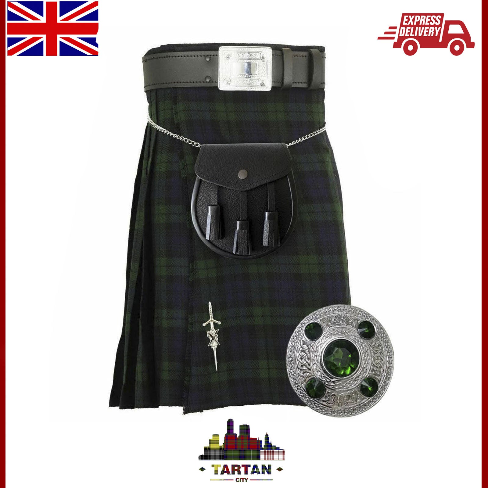 Black Watch Tartan Men’s Kilt Outfit Set with Fly Plaid, Sporran & Belt