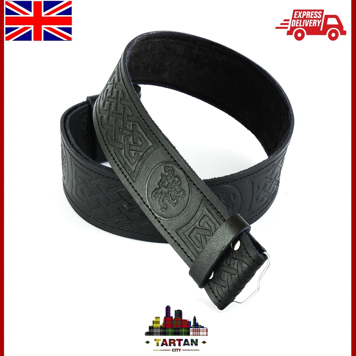 " TC en Relief Cuir Noir Ceinture Kilt - Celtique/Chardon/Maçonnique "