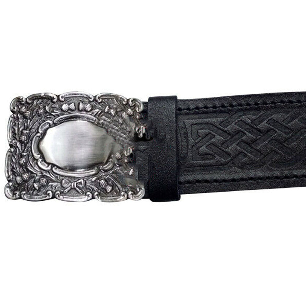 New Scottish Kilt Belt Leather Thistle Embossed Black Piper Belts Buckles-TC