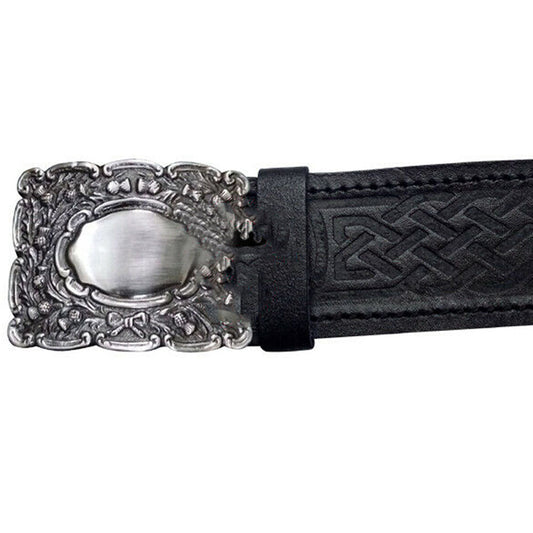 New Scottish Kilt Belt Leather Thistle Embossed Black Piper Belts Buckles-TC