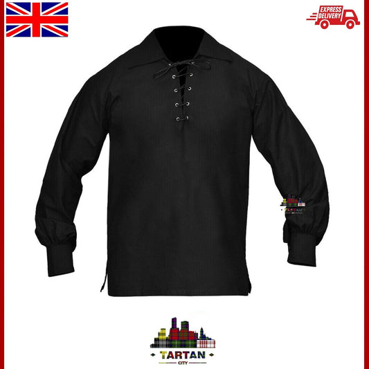 Traditional Highland Men Ghillie Shirt Scottish Jacobite Kilt Shirts Black