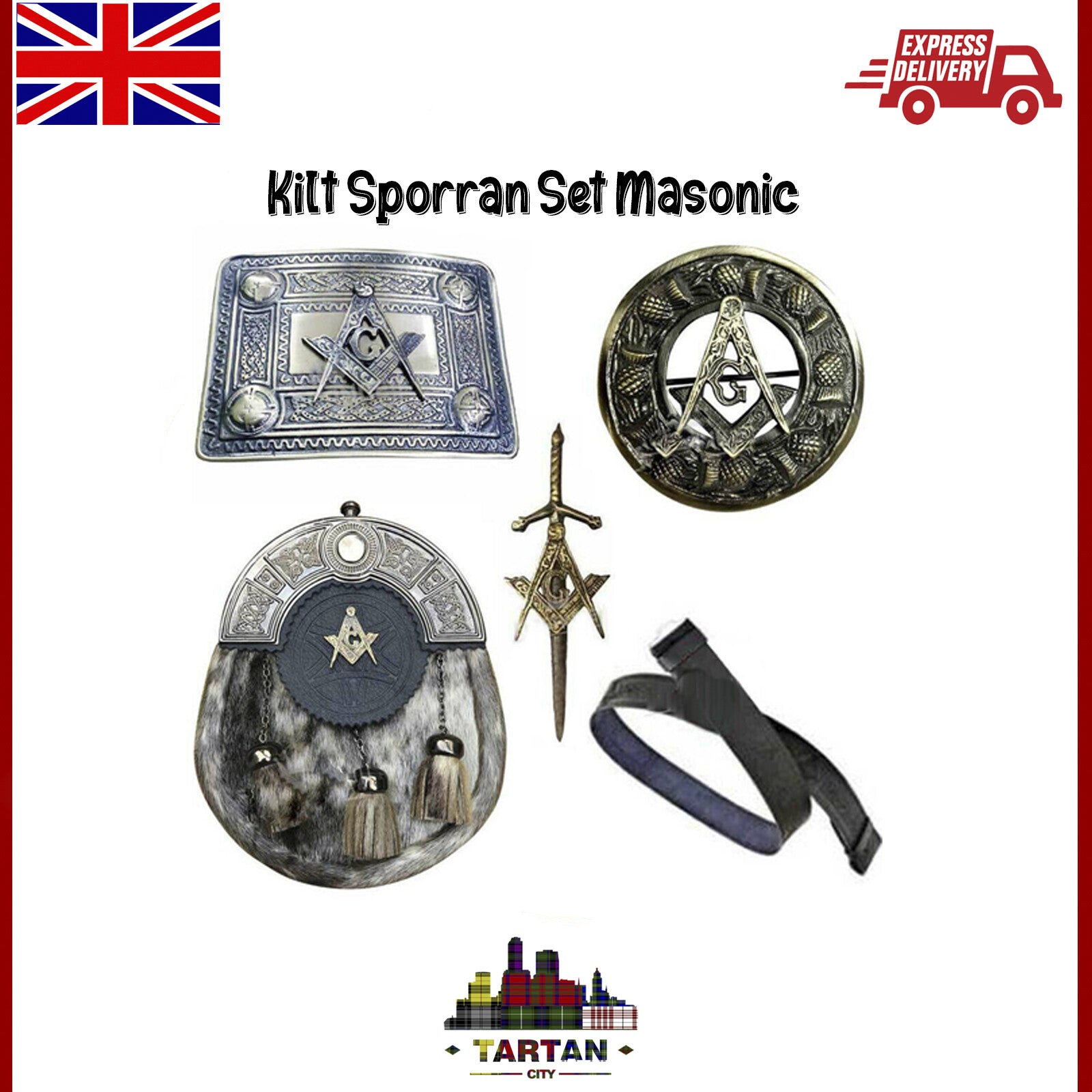 Tartancity Kilt Accessory Set - Sporran, Buckle, Brooch & Pins for Full Outfit