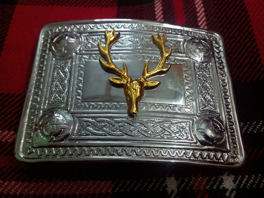 TC Men’s Kilt Belt Buckle Celtic Knot Work Chrome/Stag Heads Badge Gold Plated